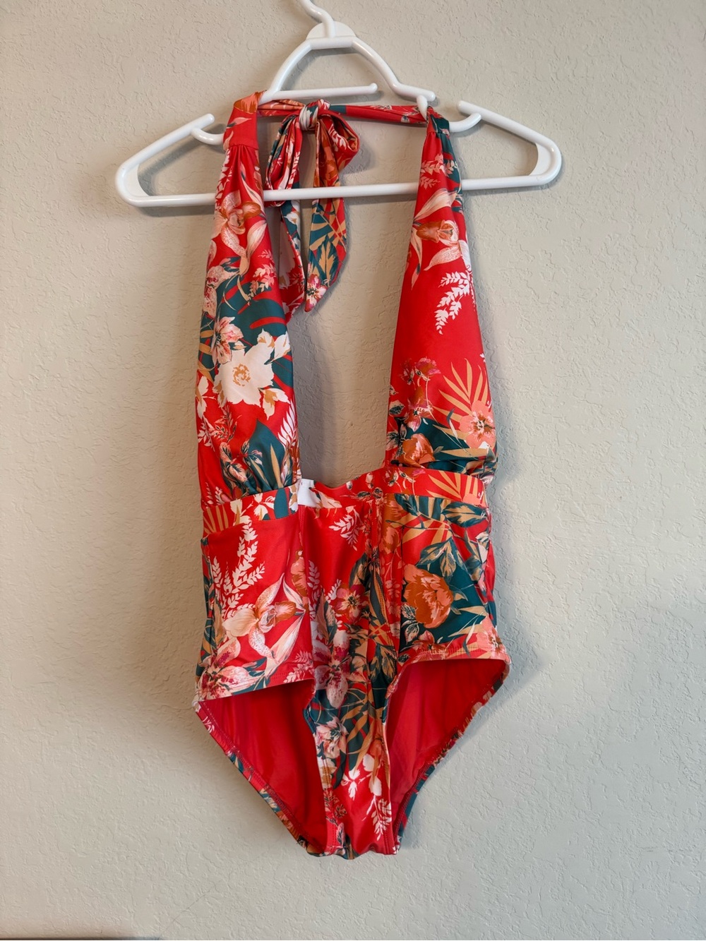 ModCloth Red Floral Halter Swimsuit Large